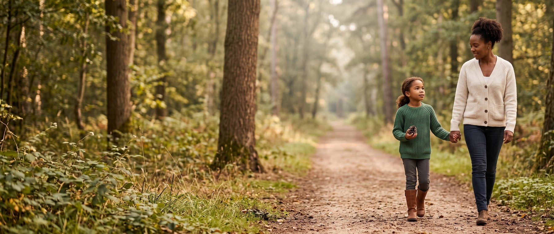 A mother and daughter walking hand in hand together along a woodland path