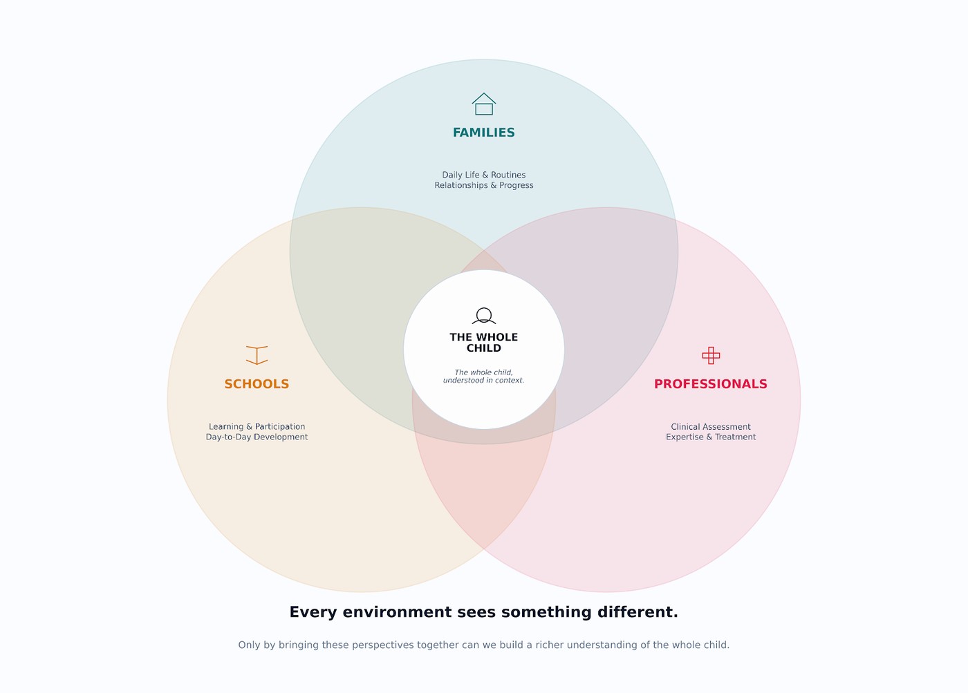 Three overlapping circles diagram: Families see daily life, routines, relationships and progress; Schools see learning, participation and day-to-day development; Professionals see clinical assessment, expertise and treatment. Where all three overlap sits The Whole Child, understood in context. Caption: Every environment sees something different — only by bringing these perspectives together can we build a richer understanding of the whole child.